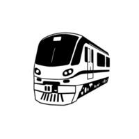 Black and white illustration of a modern commuter train, showcasing the front and side, against a stark white background. vector