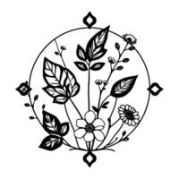 Intricate Black and White Botanical Mandala Floral and Leafy Arrangement Within a Circular Frame, Embellished with Geometric Accents. vector