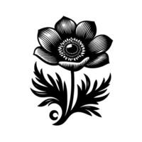 Intricate Black and White Floral Engraving Anemone with Detailed Petals, Leaves, and Ornate Stem, Isolated on White. vector