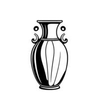 Stylized black and white illustration of an antique amphora vase with curved handles and vertical striped , set against a white background. vector