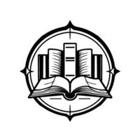 Intricate black and white depicting an open book with vertical stacked books, within a compass roseinspired circular frame. vector