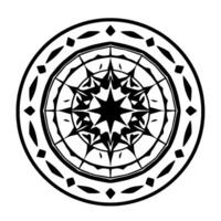Intricate symmetrical black and white mandala with starburst center, diamond and leaf accents, and a circular frame. vector