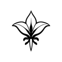 Black and white stylized floral emblem featuring symmetrical , delicate leaf structure, and elegant scrolled base detail. vector