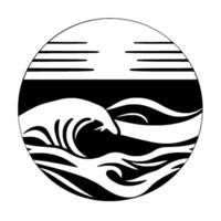 Stylized Black and White Circular Composition Featuring Rolling Ocean Waves and a Horizon with Linear Clouds. vector