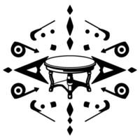 Intricate Black White A Centered Round Table Surrounded by Stylized Arrows, Geometric Shapes, and Ornate Decorations, Creating a Symmetrical Composition. vector