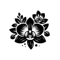 Elegant black and white floral illustration featuring stylized orchids, buds, and leaves in a symmetrical, with detailed shading and a clean aesthetic. vector