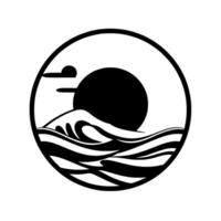 Simplified Black and White Circular Composition Depicting Sunset Over Waves and Two Clouds, Minimalist . vector