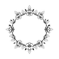 Intricate black and white floral wreath , stylized with delicate flowers, leaves, and ornamental elements arranged in a circular pattern, ideal for framing. vector
