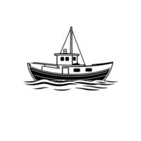 Simple black and white illustration of a fishing boat sailing on stylized waves with a minimalist on a pure white background. vector