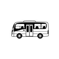 Black and White Line Art Illustration of a Small Passenger Bus, Featuring Passengers in Seats, Doors, and Rolling Wheels. vector