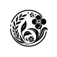 Circular Monochrome Floral Featuring a Large Flower, Smaller Flower, Berries, and Leafy Elements within a Border. vector