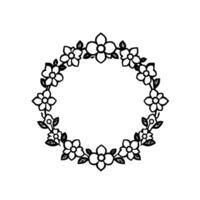 Intricate black and white circular floral wreath illustration featuring detailed blossoms, leaves, and an open center on white background. vector