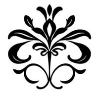 Symmetrical Black and White Floral Damask with Stylized Leaves and Curlicues on a White Background. vector