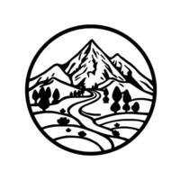 Black and White Illustration of a Mountainous Landscape Scene Enclosed within a Circular Frame, Featuring Trees and Winding Path. vector