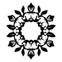 Intricate symmetrical black and white florallike featuring stylized leaves, starlike elements, and a central open circle on a stark white background. vector