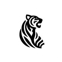 A stylized, minimalist black and white tiger with bold stripes and a fierce expression, set against a plain white backdrop. vector
