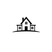 A minimalist black and white house featuring a stylized architectural illustration with a chimney, windows, and simple facade on a subtle hill. vector