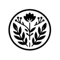 Minimalist Black and White Floral Emblem A symmetrical, stylized flower and foliage encased within a circle. vector