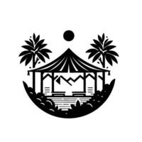 Serene Black and White Illustration of a Gazebo by a Lake, flanked by palm trees, under a Sun. vector