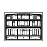 Monochromatic Illustration of a Detailed Wooden Bookshelf with Three Shelves, Filled with Books and Two Drawers, Against a White Background. vector