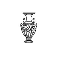 Intricate Black White Classical Amphora Illustration with Detailed Geometric Patterns, Handles, and Ornate on White Background. vector