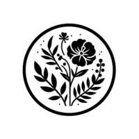 Elegant black and white floral emblem, featuring stylized flowers, leaves, and berries within a circular frame, evoking a sense of natural beauty and refined simplicity. vector