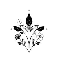 Symmetrical Floral and Foliage Black Ink Botanical Illustration with Delicate Flowers, Leaves, and Stems on White Backdrop. vector