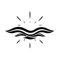 Abstract monochrome depiction of ocean waves radiating upwards with sunburstlike strokes, evoking serenity and energy. vector