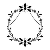 Black and white floral with leaves framing an empty space, classic elegant style. vector