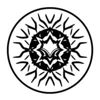 Intricate Black and White Geometric Mandala with Starlike Core, Angular Rays, and Symmetrical Composition. vector
