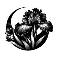 Bold Black and White Engraving of Iris Blossoms, a crescent moon background, with intricate line art detailing, embodying beauty and elegance. vector