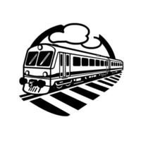 of a passenger train in motion, depicted in black and white, with a cloud and arch in the background, over a train track. vector