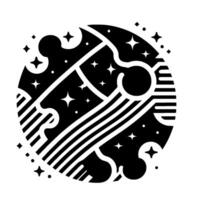 Abstract black and white art of a planet with interconnected circuits and stars, minimalist , geometric shapes, cosmic feel. vector
