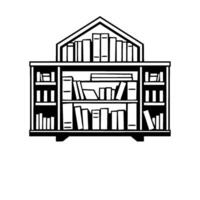 Black White Bookshelf Illustration with Gabled Roof, Filled with Books Displaying a Minimalist and Clean Aesthetic vector