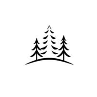 Minimalist Black and White Illustration of Three Evergreen Trees on a Small Hill, Isolated on White Background. vector