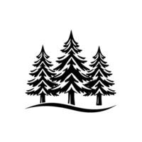 Monochrome Illustration of Three Coniferous Trees on a Curved Hill Against a White Background, Artistic Minimalism. vector