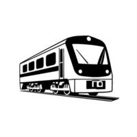 Isometric, minimalist illustration of a modern, highspeed passenger train traveling on tracks, rendered in stark black and white. vector