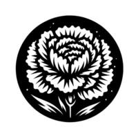 A stylized black and white floral set within a circle, resembling a paper cutout, with a bold peony silhouette, leaves and dots. vector