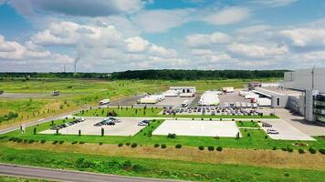 Drone view of factory building. Aerial wide drone view of factory industrial zone video