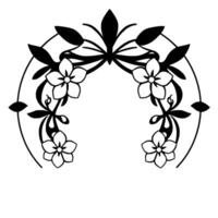 Elegant monochrome floral arch featuring stylized flowers, leaves, and a decorative ribbon, creating a symmetrical frame. vector
