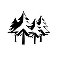 Black and white stylized illustration of a cluster of four evergreen trees silhouetted against a stark white background, simple and modern aesthetic. vector