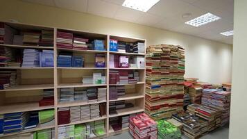 Library books stacks. Bookshelf in library with many books video