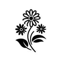 Stylized Black and White Floral Arrangement with Three Flowers, Leaves, and a Curved Stem on a Plain White Background. vector
