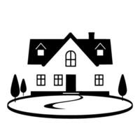 A grayscale illustration of a modern house with a black roof, a winding path, and stylized trees, set within a circular outline. vector