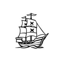 Black and White Illustration of a Classic Sailing Ship with Crossed Sails on a Wave, Simple Nautical . vector