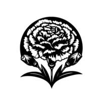 Intricate Black and White Carnation Illustration within a Circular Frame, Featuring Buds, Leaves, and Stippled Detailing. vector