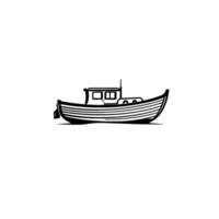 Minimalist Black and White Line Art Illustration of a Simple Fishing Boat Floating on White Background vector
