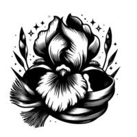 Intricate Black and White Floral Illustration with Ribbon, Starburst Accents, and Detailed Line Art, Emphasizing Contrast and Elegance. vector