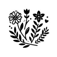 Stylized black and white floral arrangement with various flower types, leaves, dots, and a heart shape, set against a clean white background. vector
