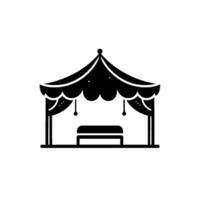 Minimalist Black and White Illustration of a Circus Tent with Scalloped Edges and a Bench Inside, set against a plain white background. vector